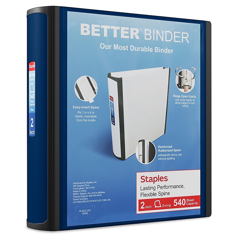 Staples Heavy Duty 2" 3-Ring Better Binder, D-Ring, Blue (ST55872-CC) image 1
