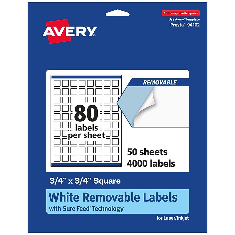 Avery Laser/Inkjet Square Multipurpose Labels, 3/4" x 3/4", White, 4000 Labels/Box (94102) image 1