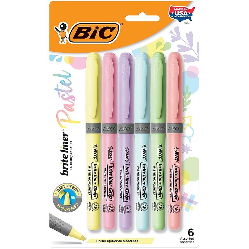 BIC Brite Liner Stick Highlighter with Grip, Chisel Tip, Assorted Pastel Colors, 6/Pack (GBLDP61-AST ) image 1