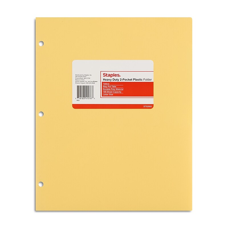 Staples 3-Hole Punched 2-Pocket Plastic Portfolio Folder, Yellow (52805) image 1