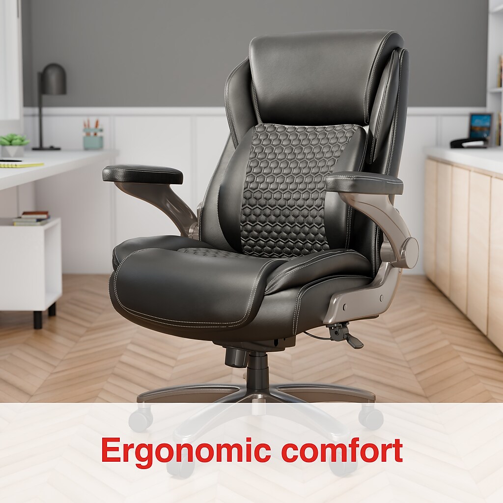 Office chair shown in a home office setting with text 'Ergonomic comfort'