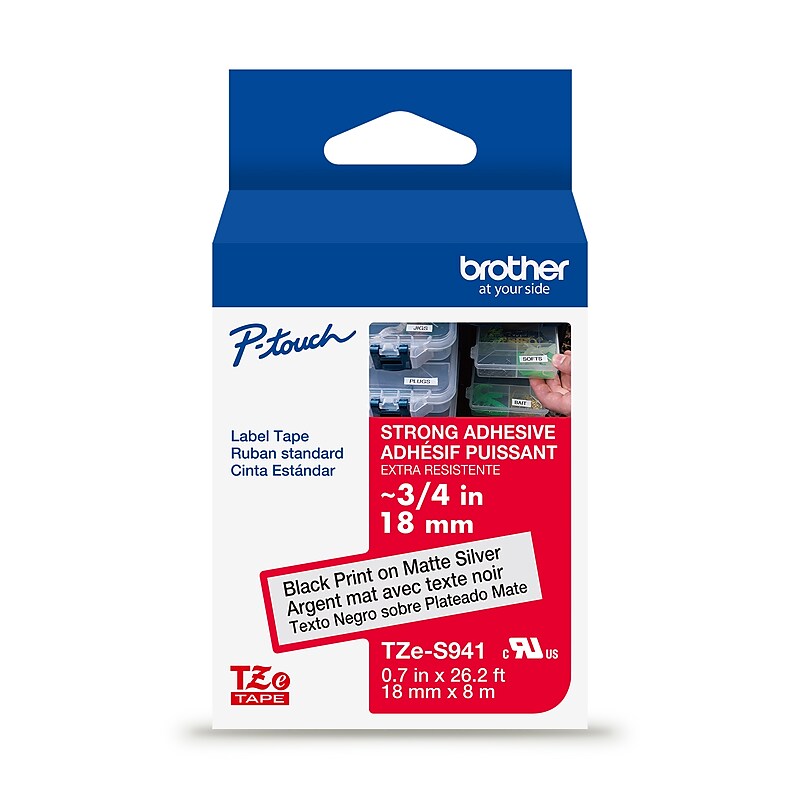 Brother P-touch Strong Adhesive Laminated Label Tape, ~3/4" x 26.2', Black on Matte Silver (TZeS941) image 1