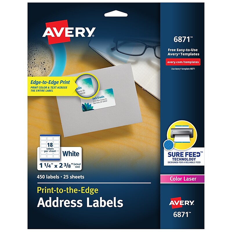 Avery Print-to-the-Edge Laser Address Labels, 1-1/4" x 2-3/8", White, 450 Labels/Pack (6871) image 1
