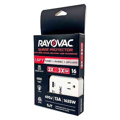 RAYOVAC 2-Outlet 3-USB Port Surge Protector, 1.5-ft. Cord, 450-Joules, White (FL-143SC) Sansujyuku sansujyuku.com