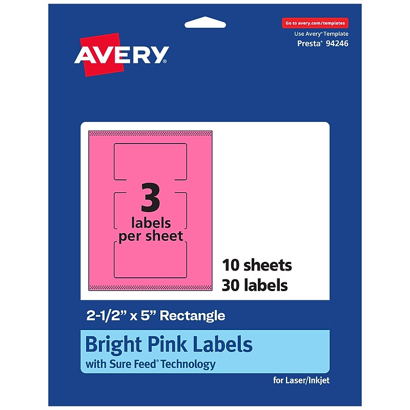 Avery Rectangle Laser/Inkjet Multipurpose Labels, 2.5" x 5", Bright Pink (30/Pack) image 1