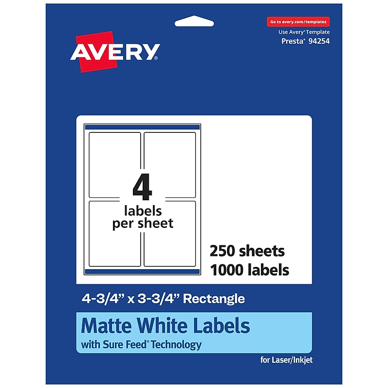 Avery Laser/Inkjet Rectangle Multipurpose Labels, 4.75" x 3.75", White, 1000 Labels/Box (94254) image 1