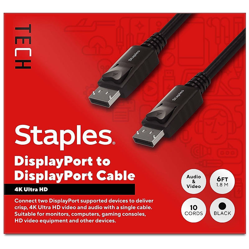 Staples TECH 6 ft. Display Port to Display Port Audio/Video Cable, Male to Male, Black, 10/Pack (ST62475) image 1