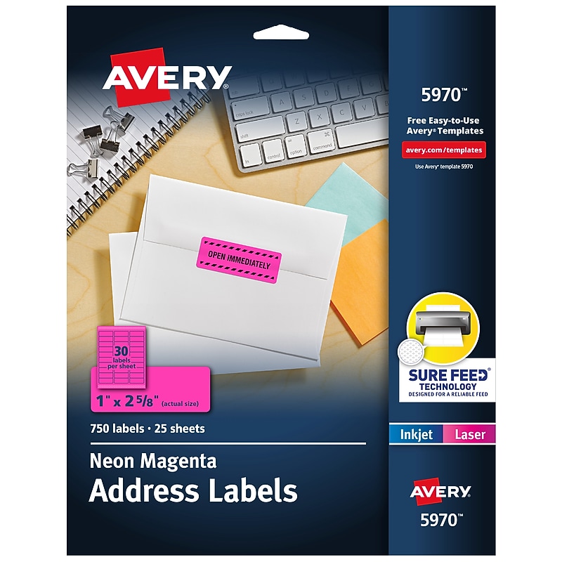 Avery Sure Feed Laser Address Labels, 1" x 2 5/8", Neon Magenta, 750 Labels/Pack (5970) image 1