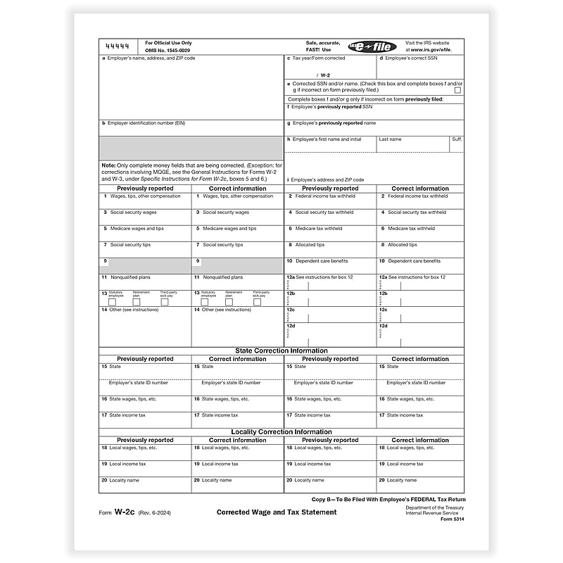 ComplyRight 2024 W-2C Tax Form, 1-Part, Employee Copy B, 50/Pack (531450) image 1