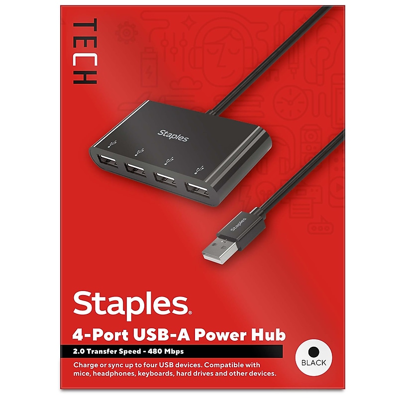 Staples TECH 4-Port USB 2.0 Hub, Black (ST62379) image 1