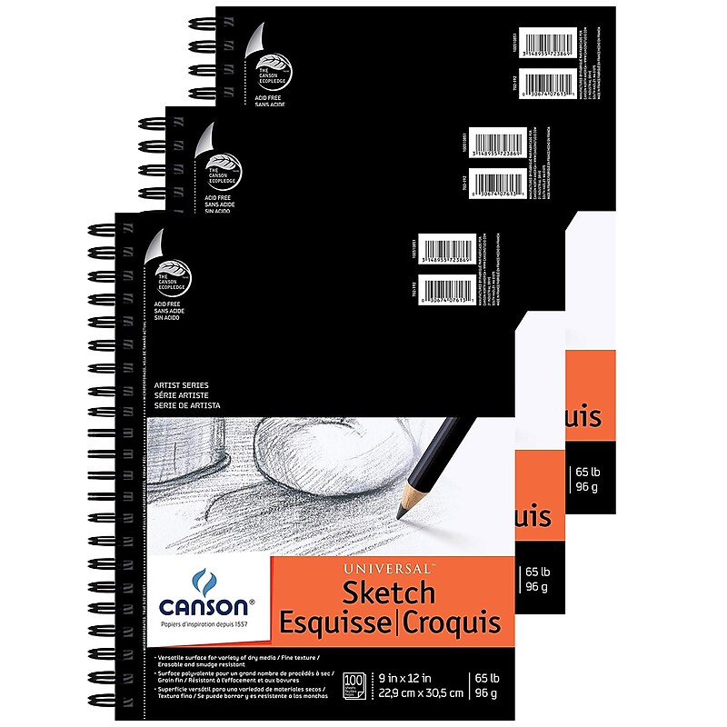 Canson Artist Series 9" x 12" Wire Bound Sketch Pad, 100 Sheets/Pad, 3/Bundle (MCXC10051085103-3) image 1