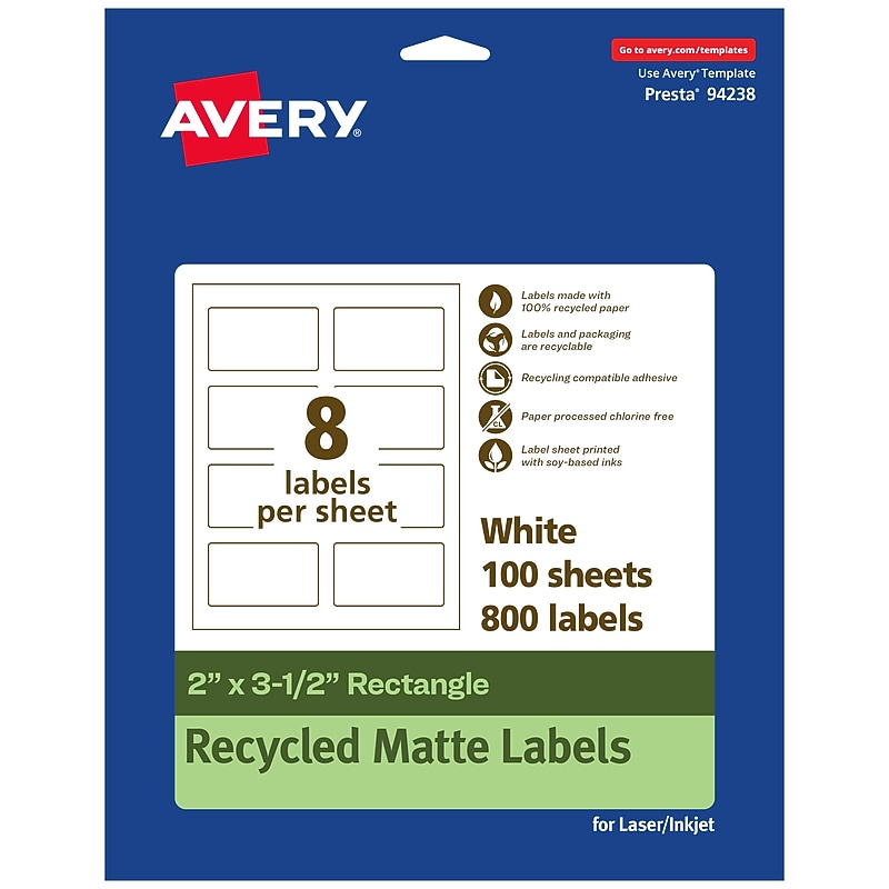 Avery EcoFriendly Laser/Inkjet Rectangle Multipurpose Labels, 2" x 3-1/2", White, 800/Box (94238) image 1