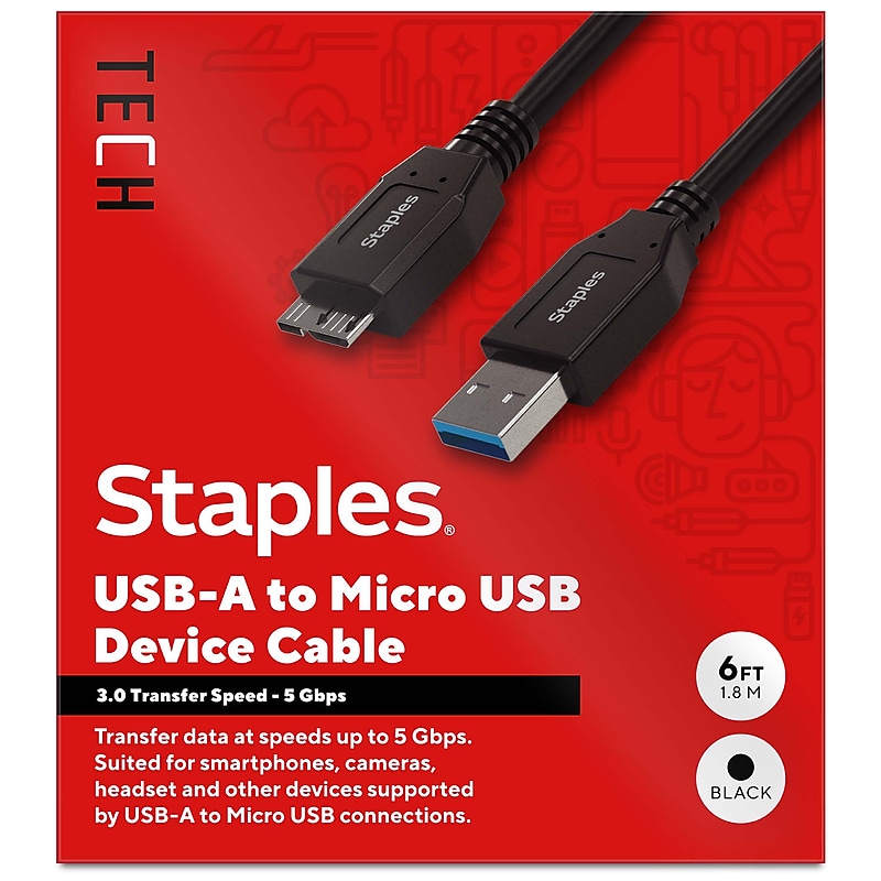Staples TECH 6 ft. USB-A to Micro USB Type B Cable, Male to Male, Black (ST62441) image 1