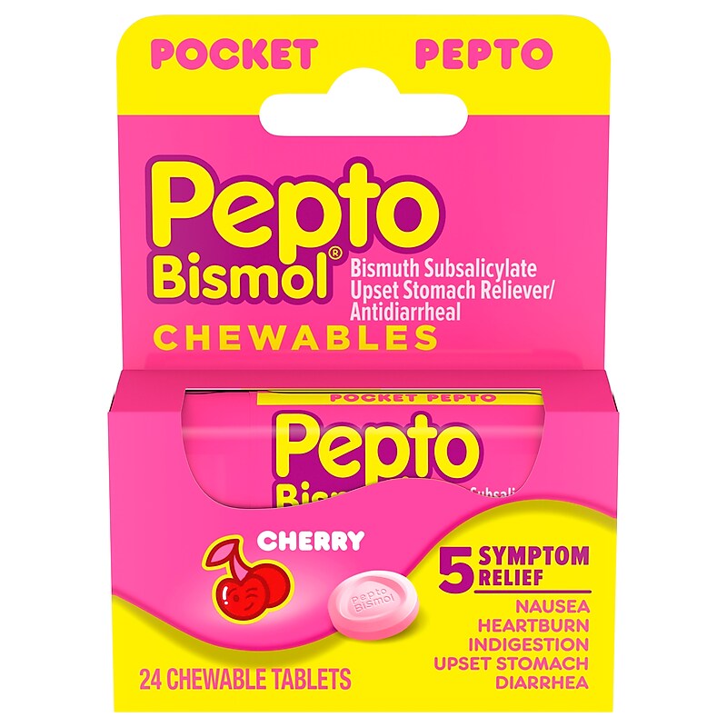 Pepto Bismol Pocket To-Go Chewable Tablets, Cherry Flavor, 24 Tablets/Bottle (00017) image 1
