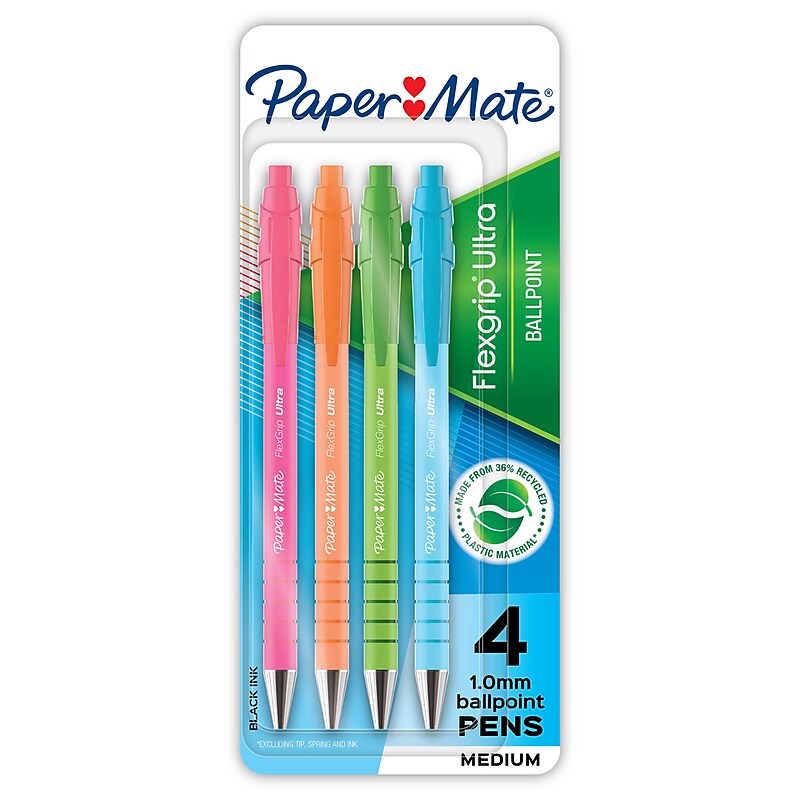 Paper Mate FlexGrip Ultra Retractable Ballpoint Pen, Medium Point, 1.0mm, Black Ink, 4/Pack (2202864) image 1