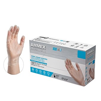 Ammex VPF Powder Free Vinyl Exam Gloves, Latex-Free, Medium, Clear, 100/Box (VPF64100)