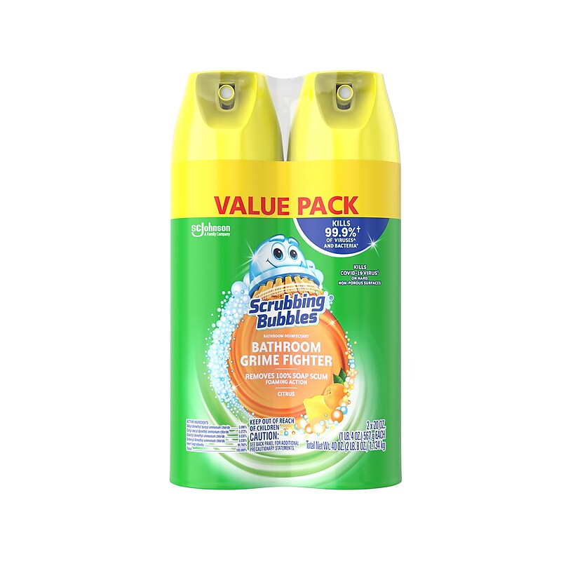 Scrubbing Bubbles Bathroom Grime Fighter Disinfecting Surface Cleaner Aerosol, Citrus Scent, 20 oz., 2/Pack (306381) image 1