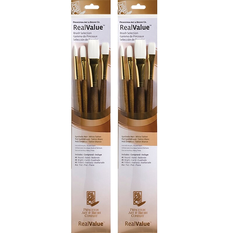 Princeton RealValue Mixed Media Synthetic Taklon Variety Brush Set, Brown, 4/Set, 2 Sets/Bundle (PBXPR9147-2) image 1
