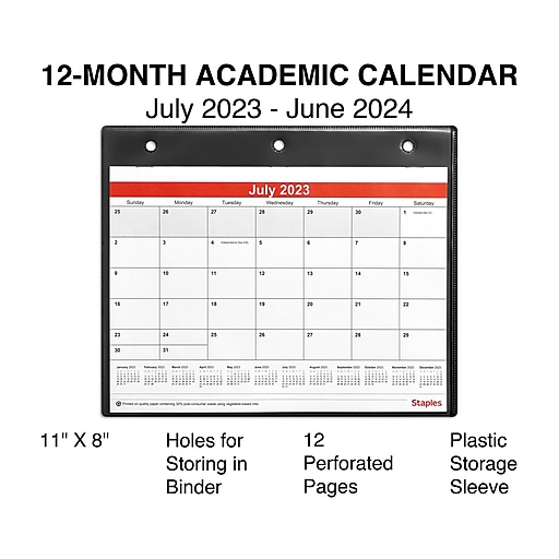20232024 Staples 11" x 8" Monthly Desk/Wall Calendar, White/Red/Black
