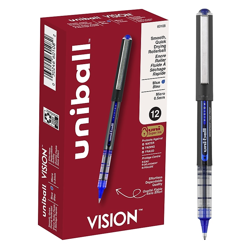 uni-ball Vision Rollerball Pen, Micro Point, 0.5mm, Blue Ink, Dozen (60108) image 1