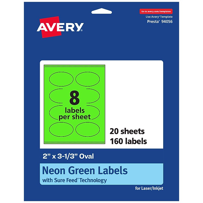Avery Laser/Inkjet Multipurpose Oval Labels, 2" x 3-1/3", Neon Green, 160/Pack (94056) image 1