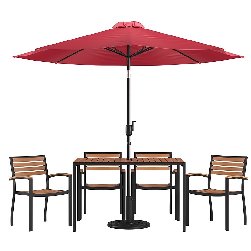 Flash Furniture Lark Outdoor Patio Dining Table Set, Red Umbrella, 7 Piece Set (X30484UB19BRD) image 1