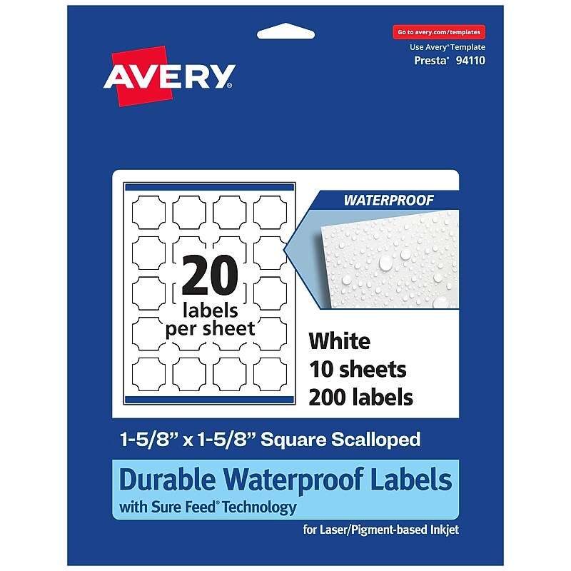Avery Laser/Inkjet Decorative Edge Waterproof Multipurpose Labels, 1.625"  x 1.625", White, 200/Pack (94110) image 1