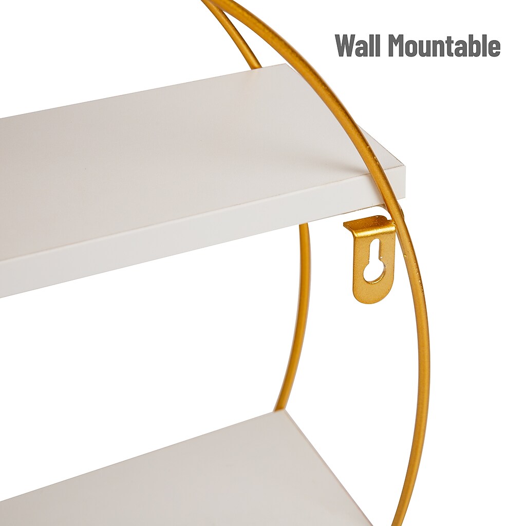 Close-up of metal hook and white shelf edge