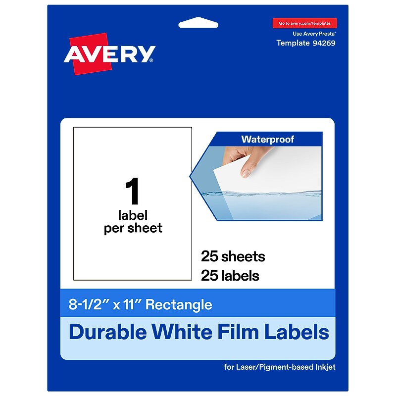 Avery Laser/Inkjet Waterproof Multipurpose Rectangle Labels, 8.5" x 11", White, 25 Labels/Pack (94269) image 1