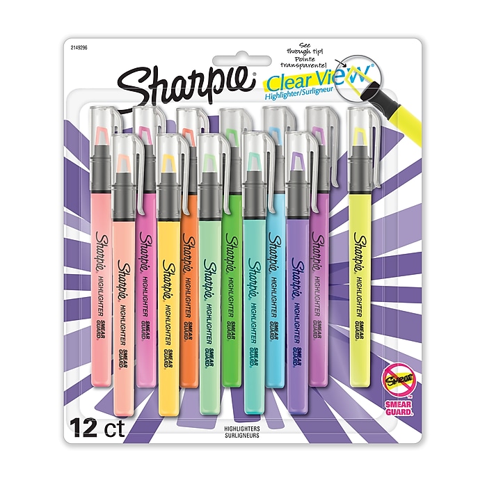 Sharpie Clear View Highlighter, Chisel Tip, Assorted Ink, 12/Pack