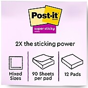 Post-it® Super Sticky Notes, Assorted Sizes, Energy Boost Collection, 90 Sheets/Pad, 12 Pads/Pack (4642-12SSAU)