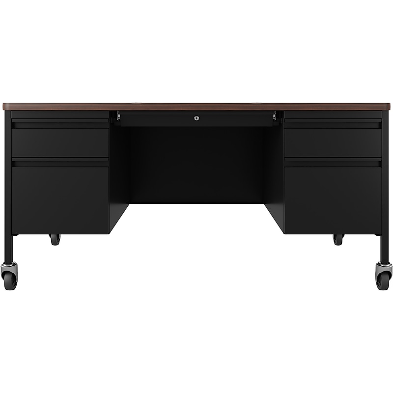 Hirsh 60"W Double-Pedestal Mobile Teacher's Desk, Black/Walnut (22648) image 1