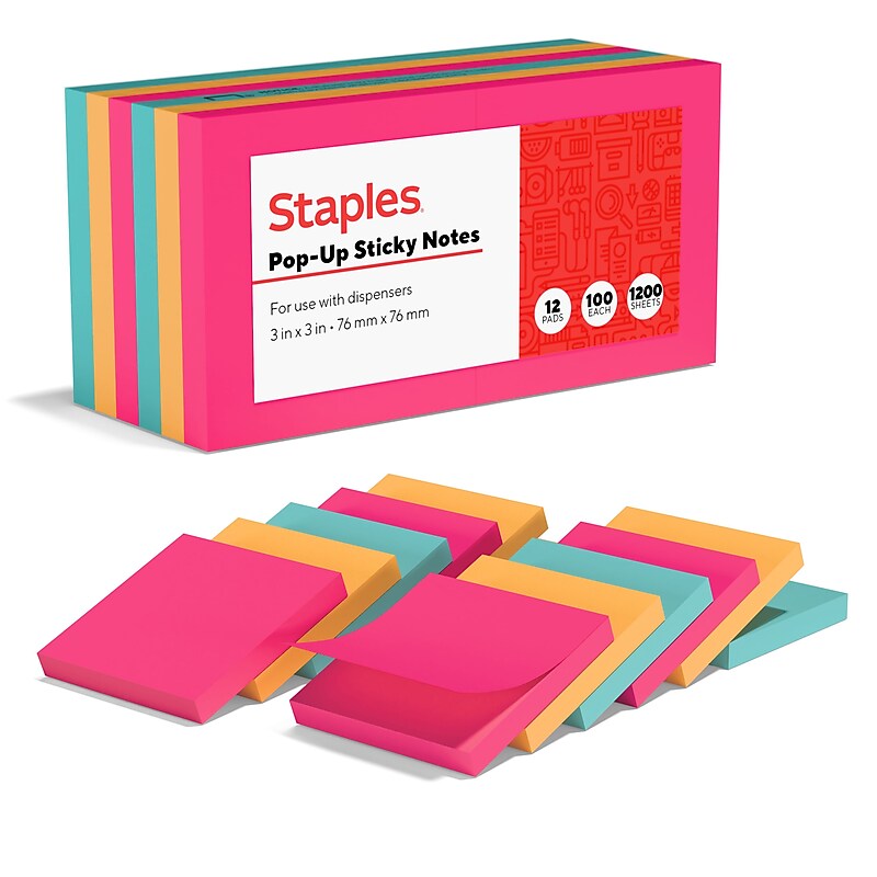 Staples Stickies Adhesive Notes, 3" x 3" Assorted Colors, 100 Sheets/Pad, 12 Pads/Pack (S-33BRP12/52568) image 1