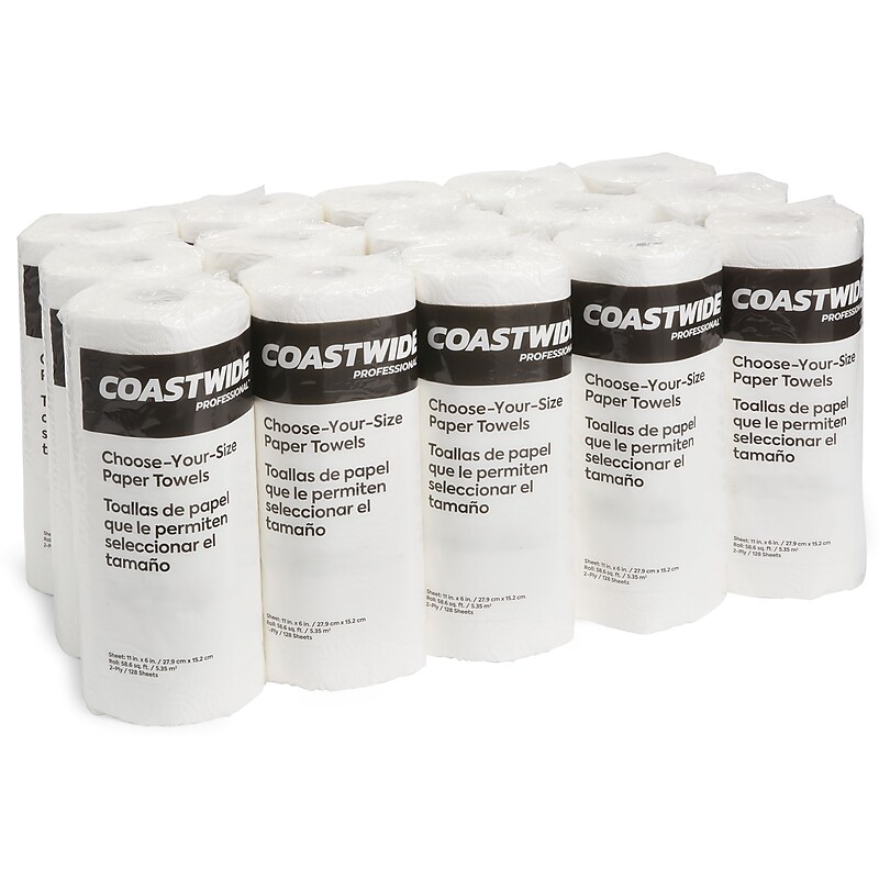 Coastwide Professional Choose-Your-Size Kitchen Rolls Paper Towel, 2-Ply, White, 128 Sheets/Roll, 15 Rolls/Carton (CW21809) image 1