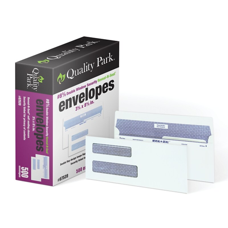 Quality Park Reveal N-Seal Security Tinted #8 Double Window Envelopes, 3 5/8" x 8 5/8", White Wove, 500/Box image 1