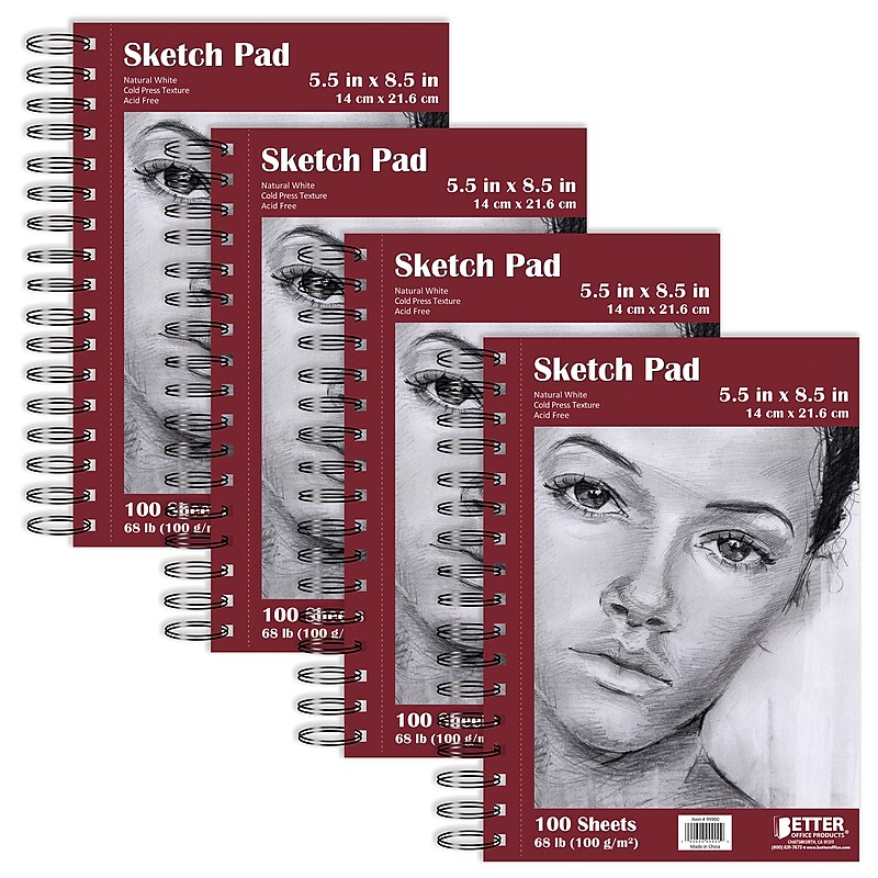 Better Office 5.5" x 8.5" Spiral Bound Drawing Sketch Pad, 100 Sheets/Pad, 4 Pads/Pack (01301) image 1