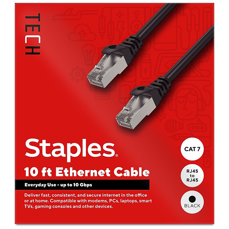 Staples TECH 10' Cat 7 Ethernet Cable, Male to Male, Black (ST62461) image 1