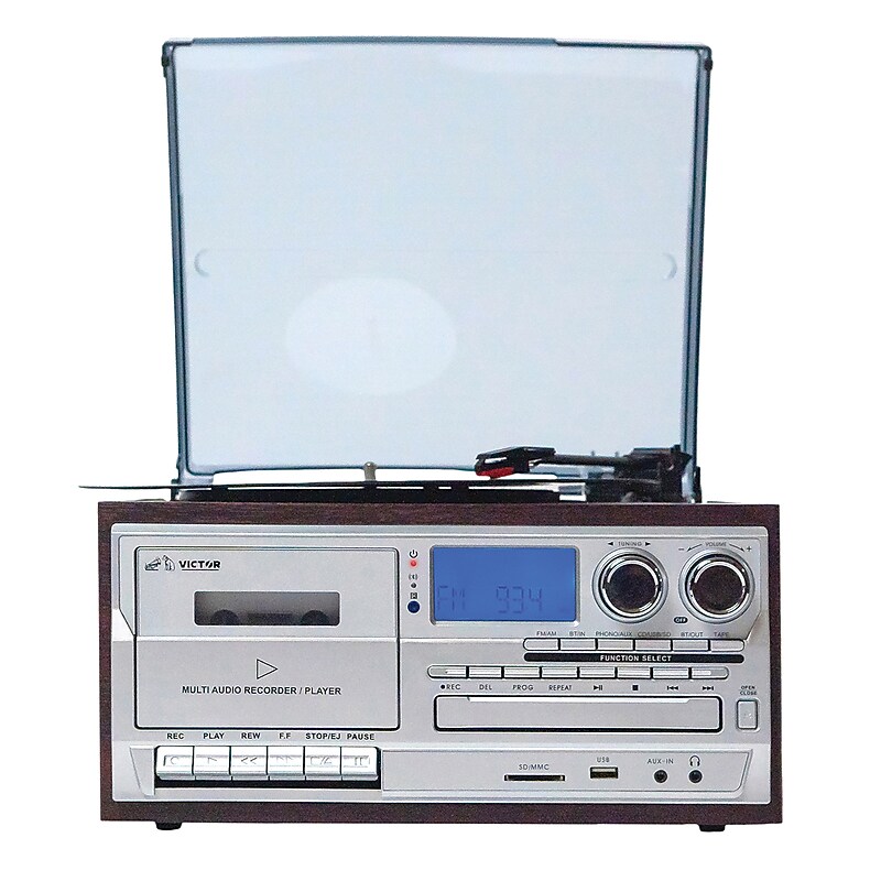 Victor Cosmopolitan Dual-Bluetooth Belt-Drive 8-in-1 Music Center with Turntable, CD & Cassette Player, Espresso (VWRP-4200-ES) image 1