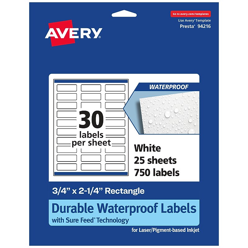 Avery Laser/Inkjet Rectangle Waterproof Multipurpose Labels, 2.25"  x 0.75", White, 750/Pack (94216) image 1
