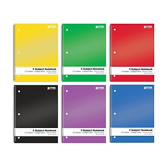 Better Office 3-Subject Notebooks, 8" x 10.5", College-Ruled, 120 Sheets, Assorted Colors, 6/Pack (25736-6PK)