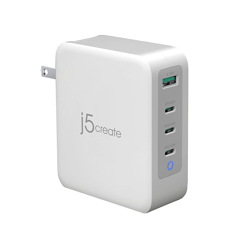 j5create 130W GaN USB-C 4-Port Charger for Laptops, Tablets, and Mobile Devices, White (JUP43130) image 1