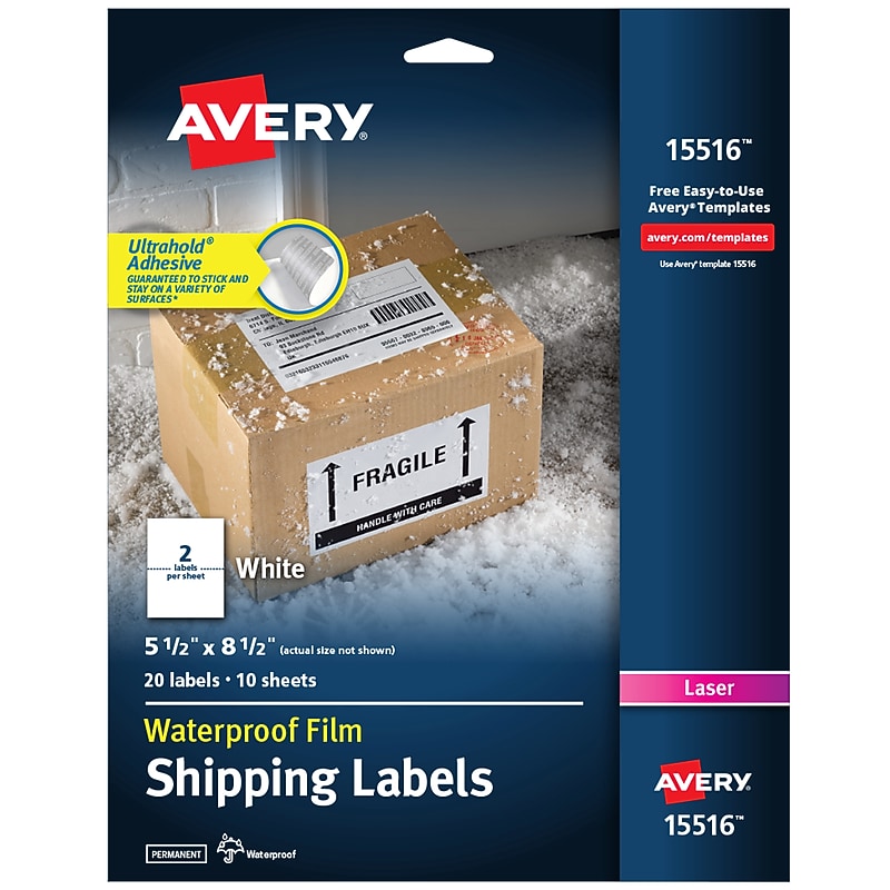 Avery Waterproof Ultrahold Laser Shipping Labels, 5 1/2" x 8 1/2", White, 20 Labels/Pack (15516) image 1