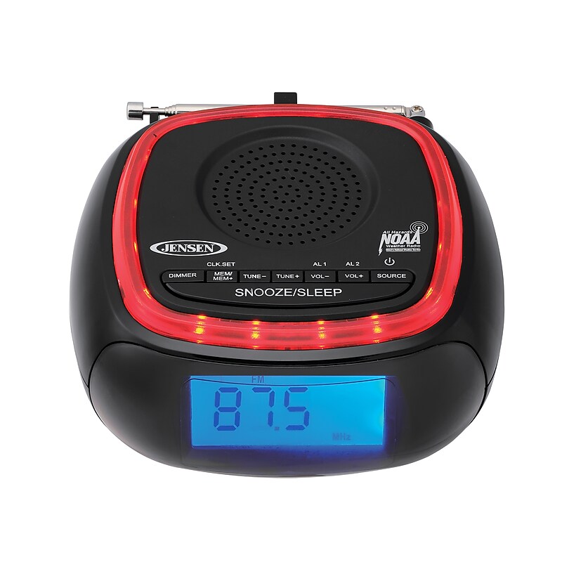 Jensen Wireless Digital AM/FM Alarm Clock Radio with NOAA Weather Alert, Red/Black (JEP-725) image 1
