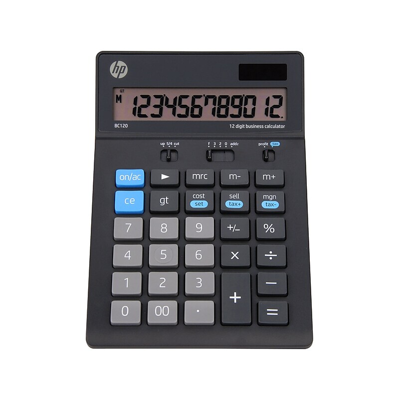 HP BC120 12-Digit Battery/Solar Powered Basic Calculator, Black/Gray (91074U) image 1