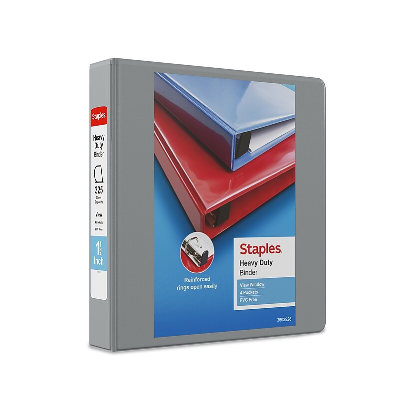 Staples Heavy Duty 1 1/2" 3-Ring View Binder, D-Ring, Gray (ST56329-CC) image 1