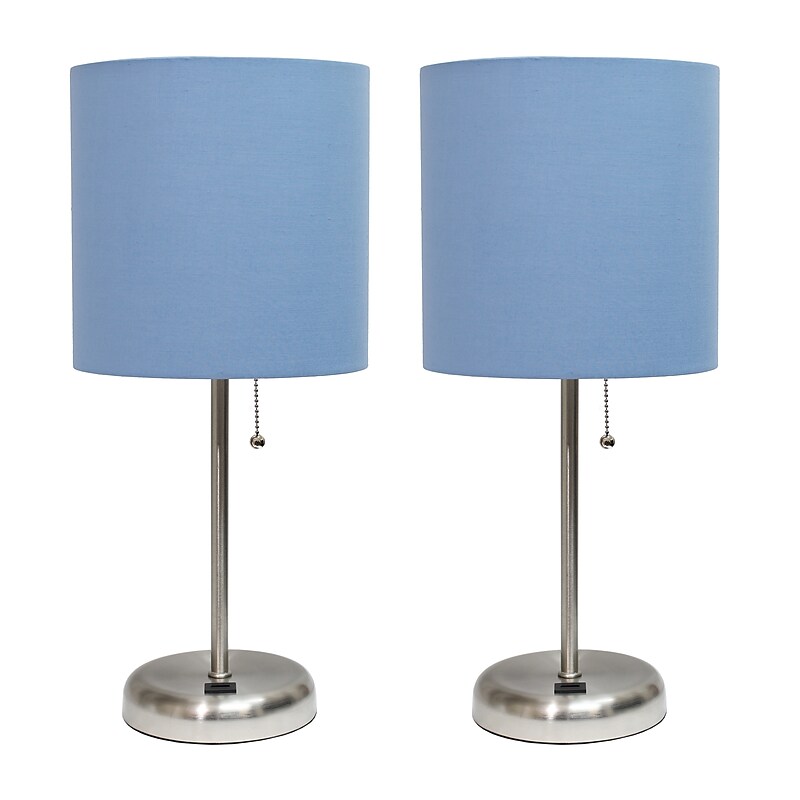 Creekwood Home Oslo Duo 19.5" LED Table Lamp with USB Port, Brushed Steel/Blue Shade, 2/Set (CWT-2012-BL-2PK) image 1
