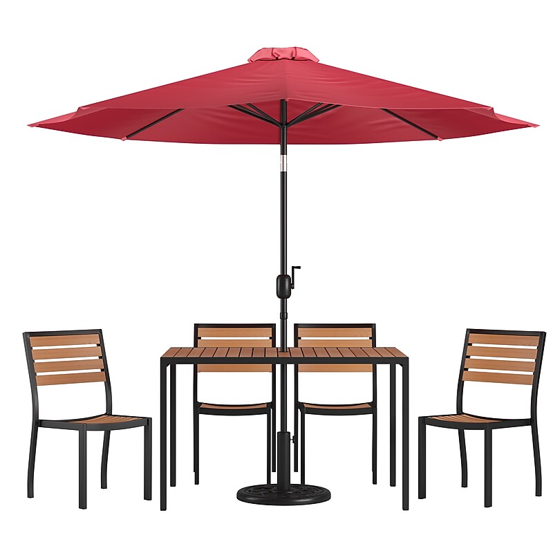 Flash Furniture Lark All-Weather Patio Table Set, Red Umbrella, 7 Piece Set (X34834UB19BRD) image 1