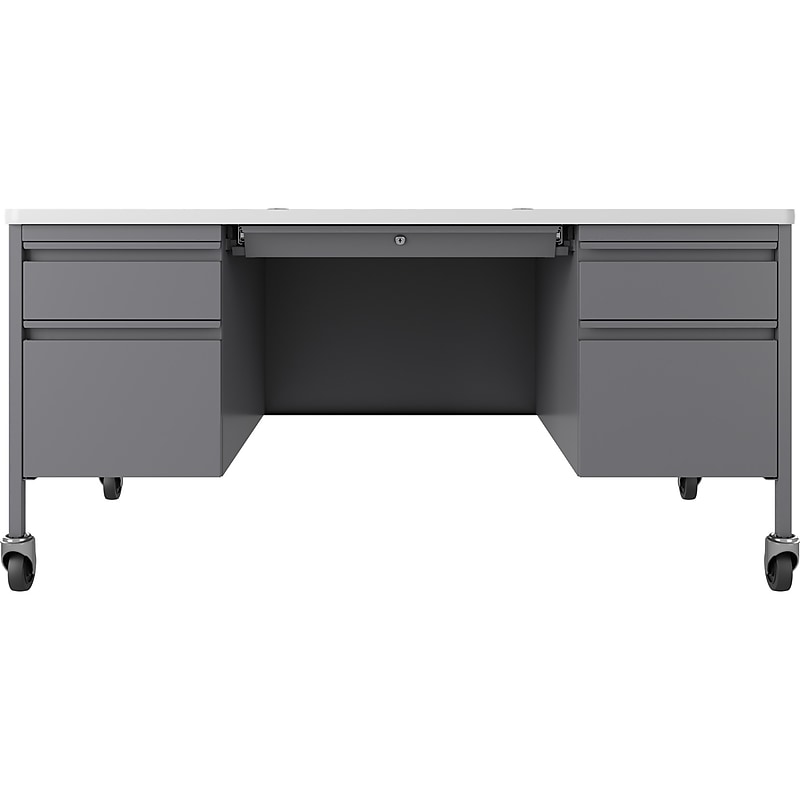 Hirsh 60"W Double-Pedestal Mobile Teacher's Desk, Platinum/White (22649) image 1