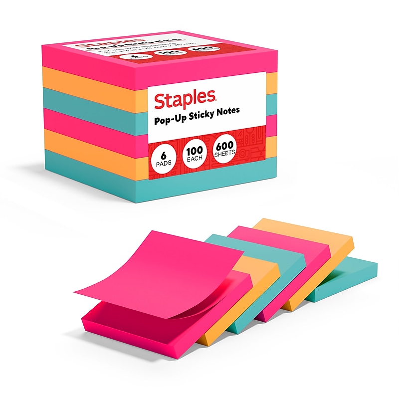 Staples Pop-up Sticky Notes, 3" x 3", Tropics Collection, 100 Sheets/Pad, 6 Pads/Pack (S33BRP6/52559) image 1