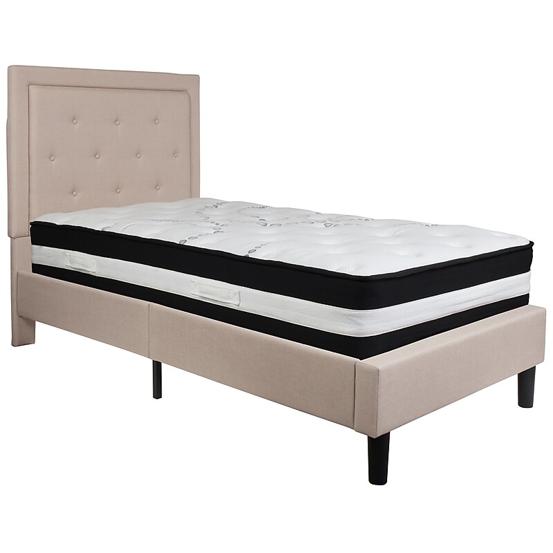 Flash Furniture Roxbury Tufted Upholstered Platform Bed in Beige Fabric with Pocket Spring Mattress, Twin (SLBM17) image 1